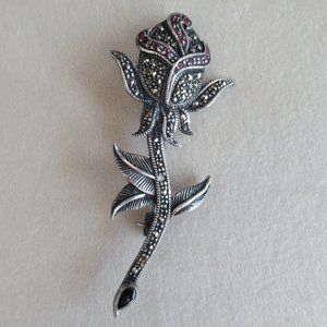Vintage Sterling FAS 825 Marcasite Red Garnet Onix Rose Flower Brooch Pin *Flaw